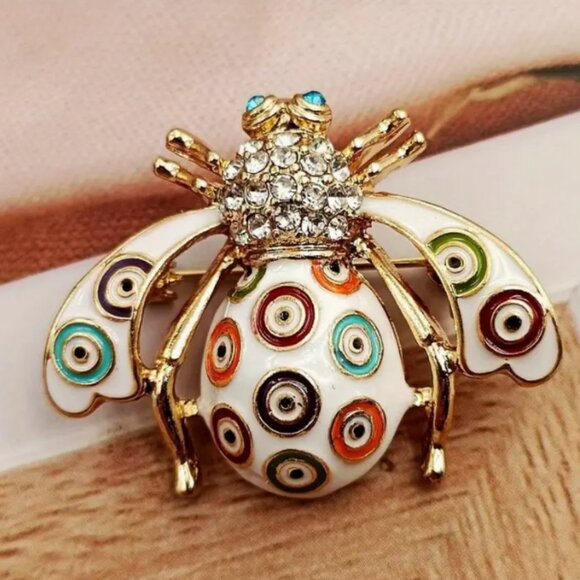 Colorful Sparkly Insect Bee Bug Design Charm Crystal Goldtoned Brooch Pin - Picture 1 of 5